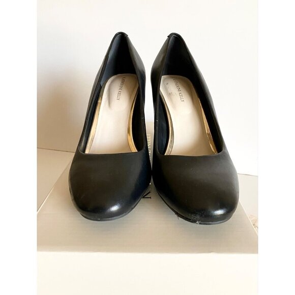 Katherine Kelly Leather Mara Wedge Shoes Sz 6 Black Gold Almond toe - Picture 2 of 14